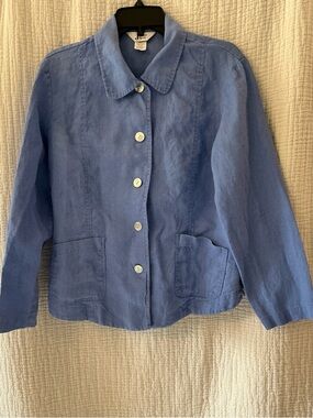 100% Linen Jacket Blue Button Front Lightweight Size 10 Made USA